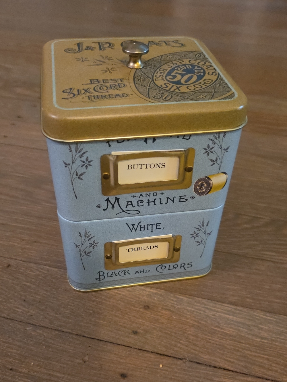Vintage-Inspired Blue and Gold Metal Storage Tin - Buttons & Threads Organizer